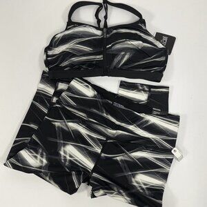 2pc Set Victoria Sport Black White Abstract Knockout Bra 38C Crop Leggings M Med
